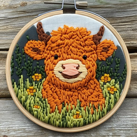 DIY Punch Needle Kits for Beginners Cute Cartoon Highland Cow with Grass with Hoop Embroidery Punch Needle Starter Craft Set Easy for Adults and Children Festival Gift and Decoration 20x20cm-2
