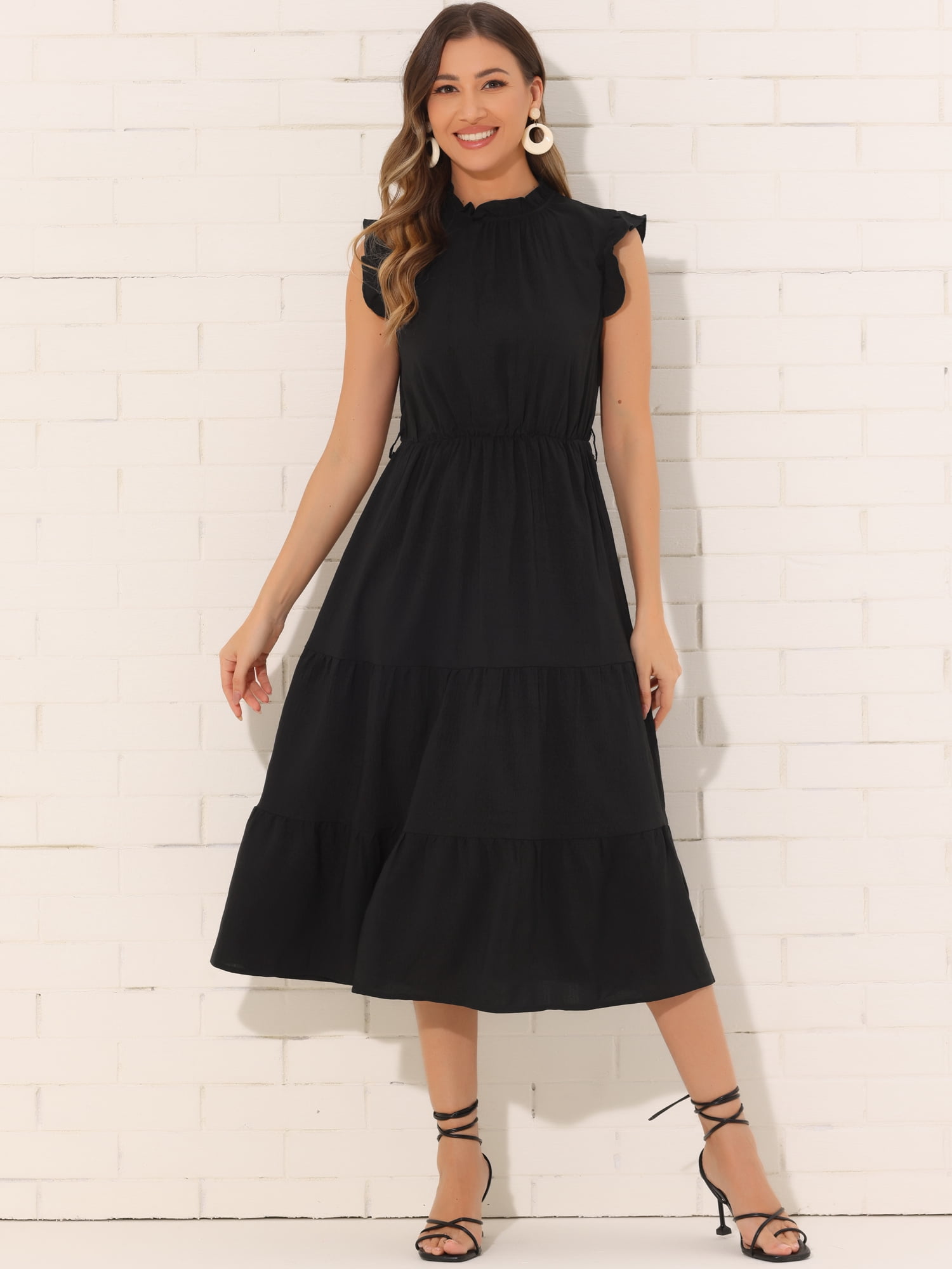 DARING DIVA Midi Ruffled Sleeve Mock Neck Casual Dress L Black