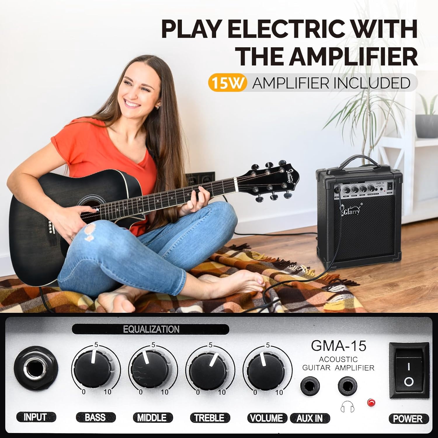 GLARRY Full Size 6 Strings Acoustic Electric Guitar Beginner Kit w/ 15W Amp, Cutaway 41 Inch Electric Acoustic Guitar w/Inbuilt Tuner, Bag, Strap, Picks, Strings, Basswood Guitarra, Distressed Green