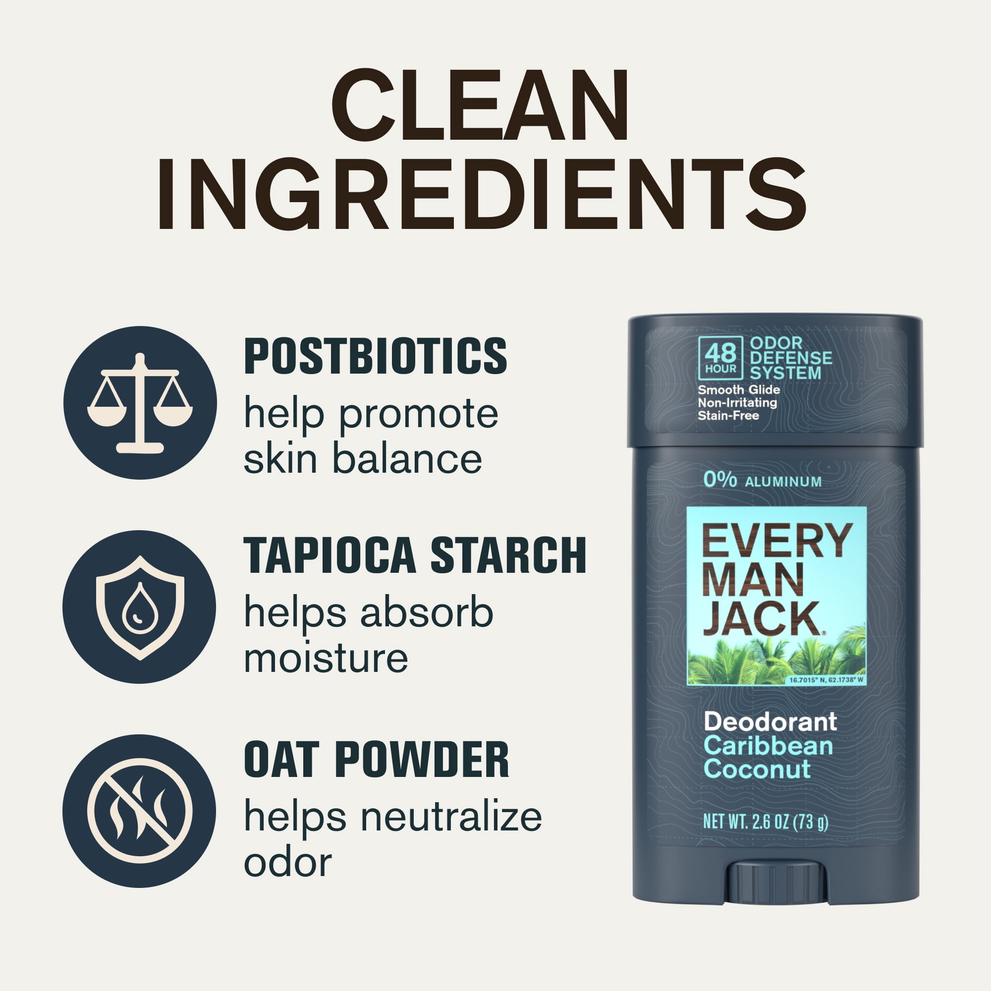 Every Man Jack Men's Deodorant - 48-Hour Odor Defense - Aluminum Free - Caribbean Coconut Scent - 2.6 oz