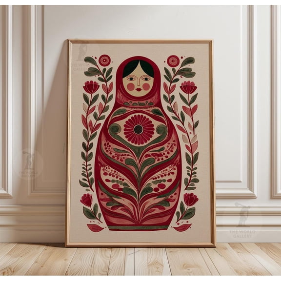 Matryoshka Doll Floral Folk Art Wall Decor Scandinavian Style Russian Nesting Illustration, Unframed Poster