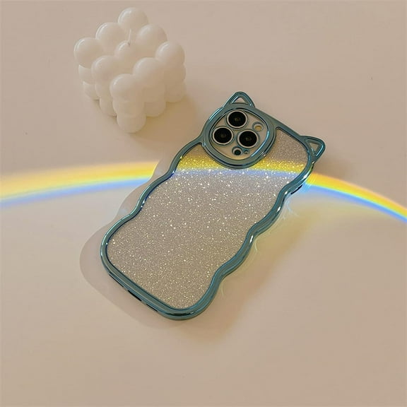 Compatible with iPhone 11 Case for Women/Girls, Cute Cat Ears Luxury Plating Glitter Bling Back Curly Wave Anti-Scratch Shockproof Case for iPhone 11, Blue