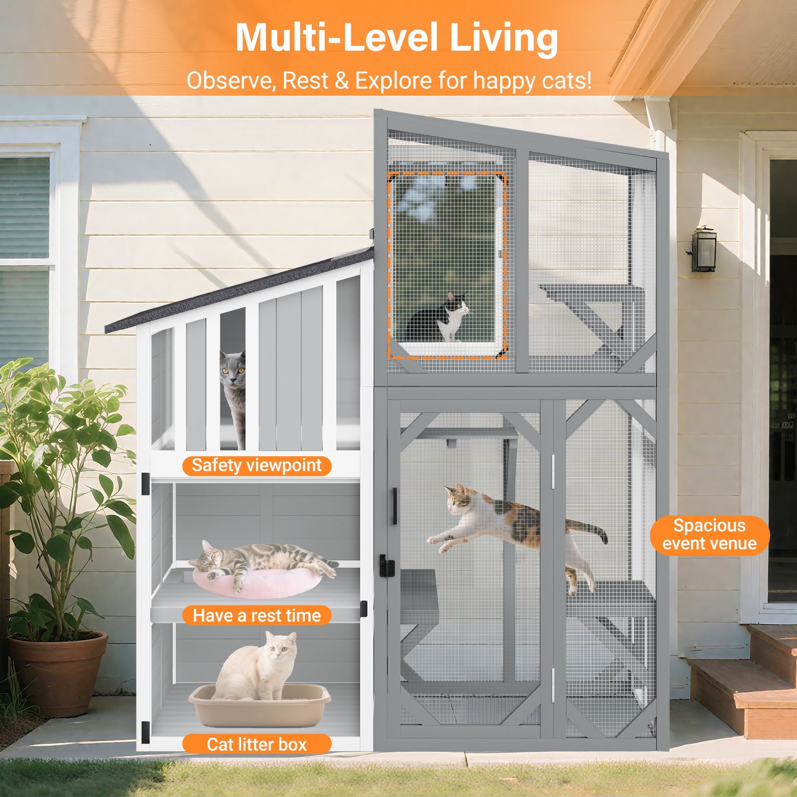 HomeSheek 3-Tier 69" Outdoor Cat Enclosure, Weatherproof Roof with Window Access & Adjustable Two-Way Hole, 3 Platforms & Resting Areas Indoor/Outdoor