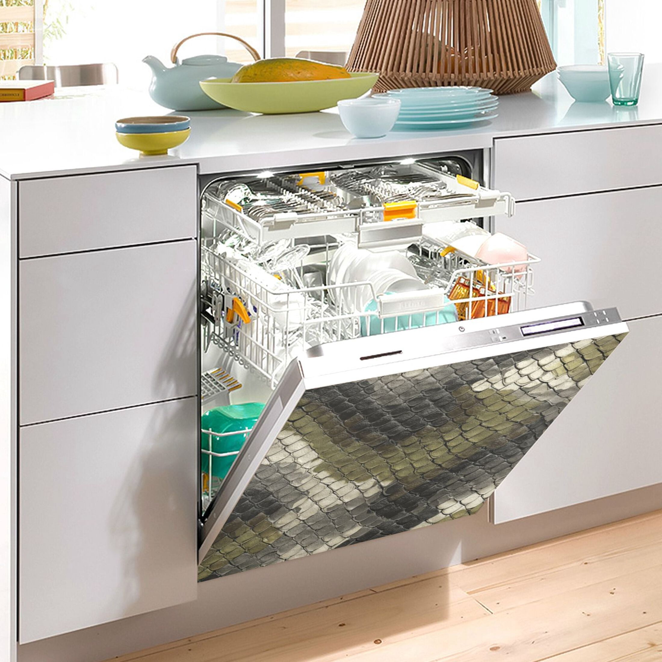 Dishwasher Magnetic Refrigerator Magnet Cover Sticker Home Decorative 23"x26" Greenish-brown Snake Skin Print Pattern