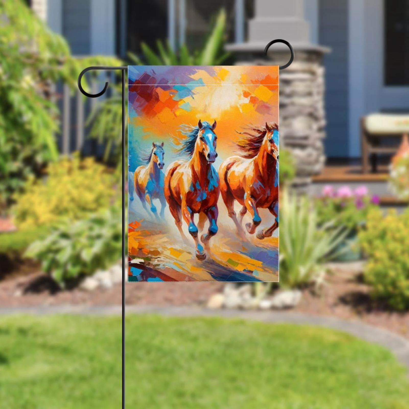 Welcome Oil Painting Running Horses Pattern Garden Flag, Vertical Double Sided Small House Flag, Yard Farmhouse Outdoor Deck Veranda Lawn Decor 28x40 Inch