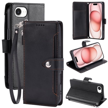 for iPhone 16e/17e Wallet Case, PU Leather Full Body Protective Cover, 6 Card Slots + 1 Inner Side Cash Pocket + 1 Outside Cash Pocket + 1 Zipper Pocket Stand Shoulder Wrist Strap, Black