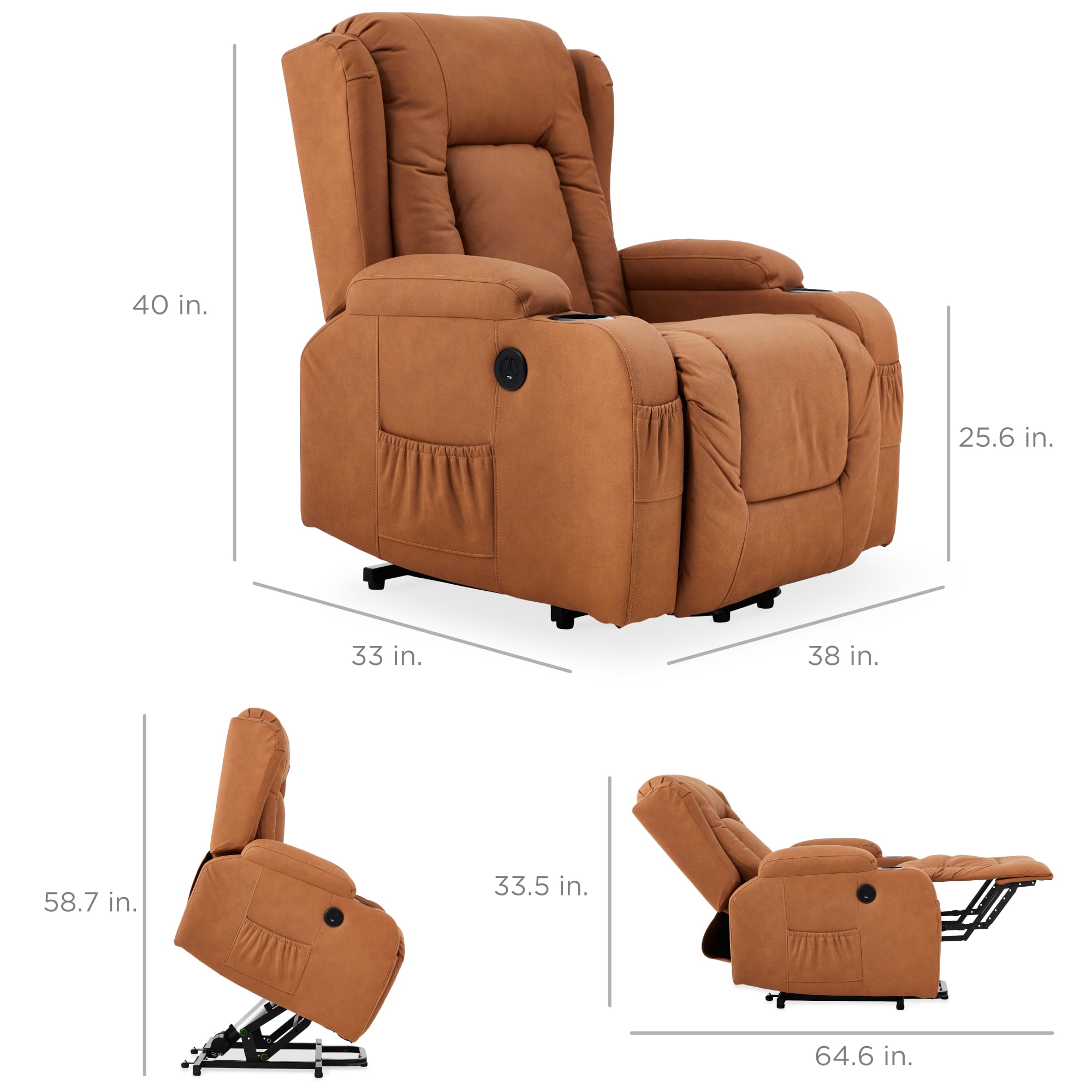Best Choice Products Electric Power Lift Recliner Massage Chair Furniture w/ USB Port, Heat, Cupholders - Cognac