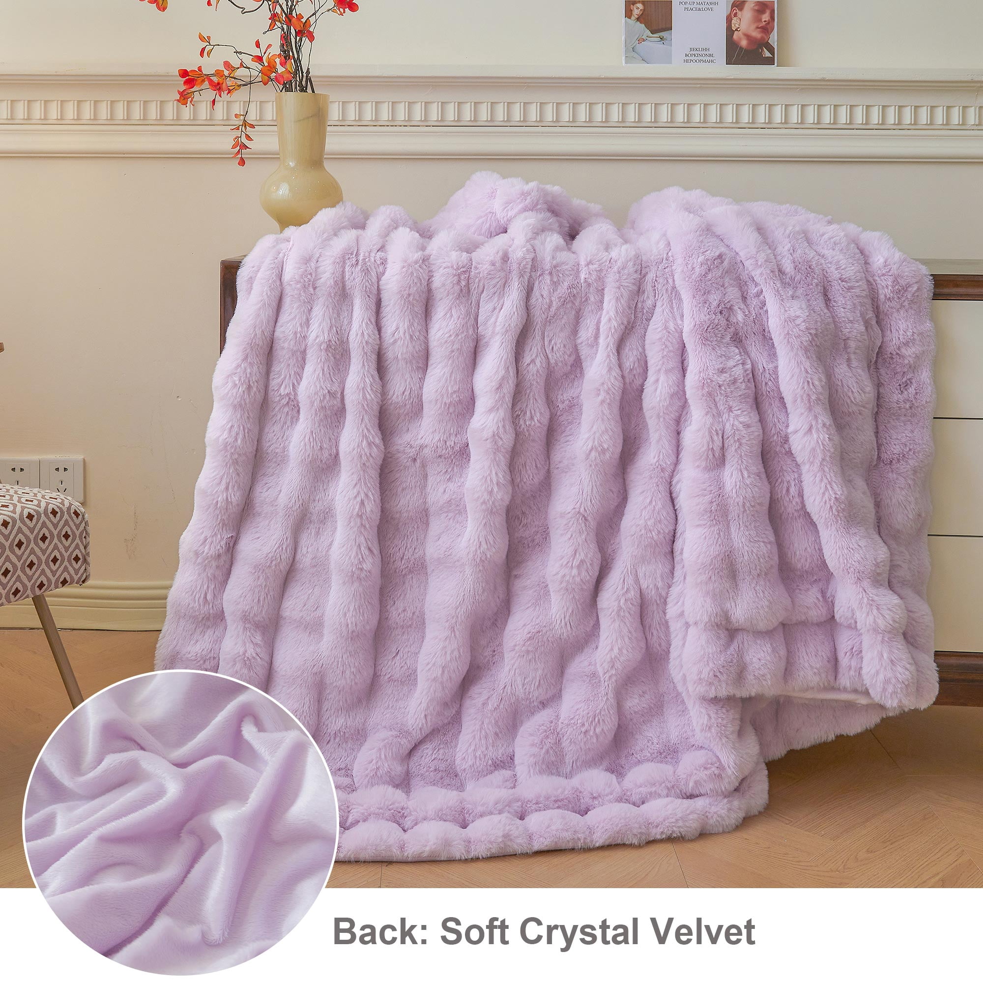 LIFEREVO Fluffy Faux Rabbit Fur Bubble Blanket, Plush Shaggy Throw for Couch Sofa, Cozy Furry Light Purple Bed Blanket Adult Girls, Aesthetic Fuzzy Throw for Bedroom Living Room, 60x90, Lavender