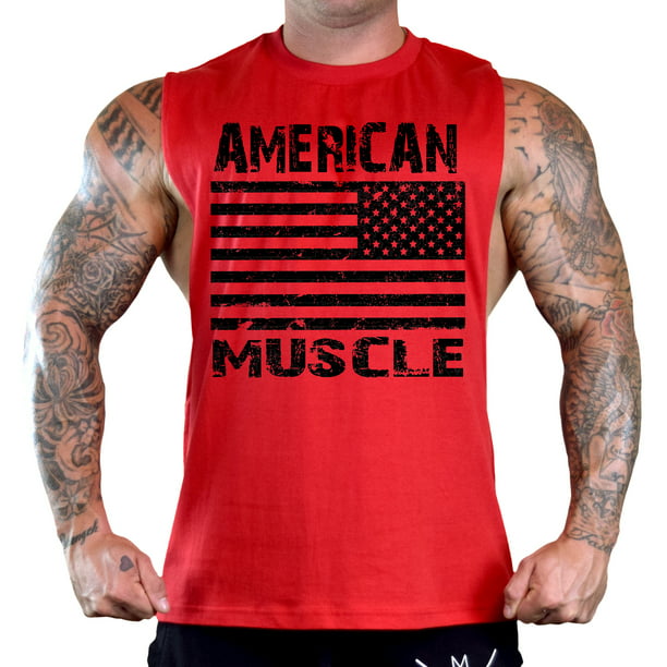Interstate Apparel - Men's Black American Muscle Flag Sleeveless Red T ...