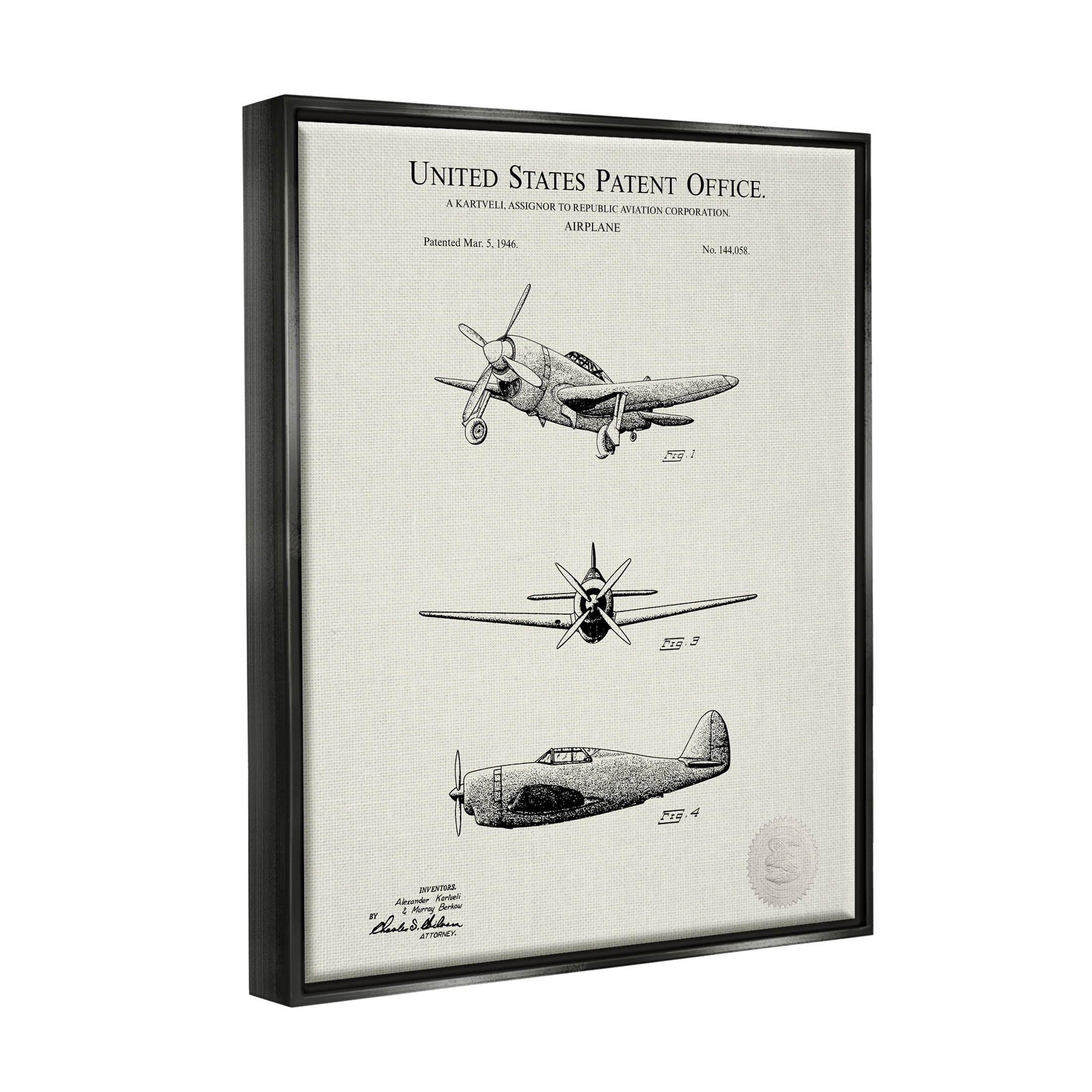 Stupell Industries US Patent Airplane Diagram Graphic Art Jet Black Floating Framed Canvas Print Wall Art, Design by Karl Hronek