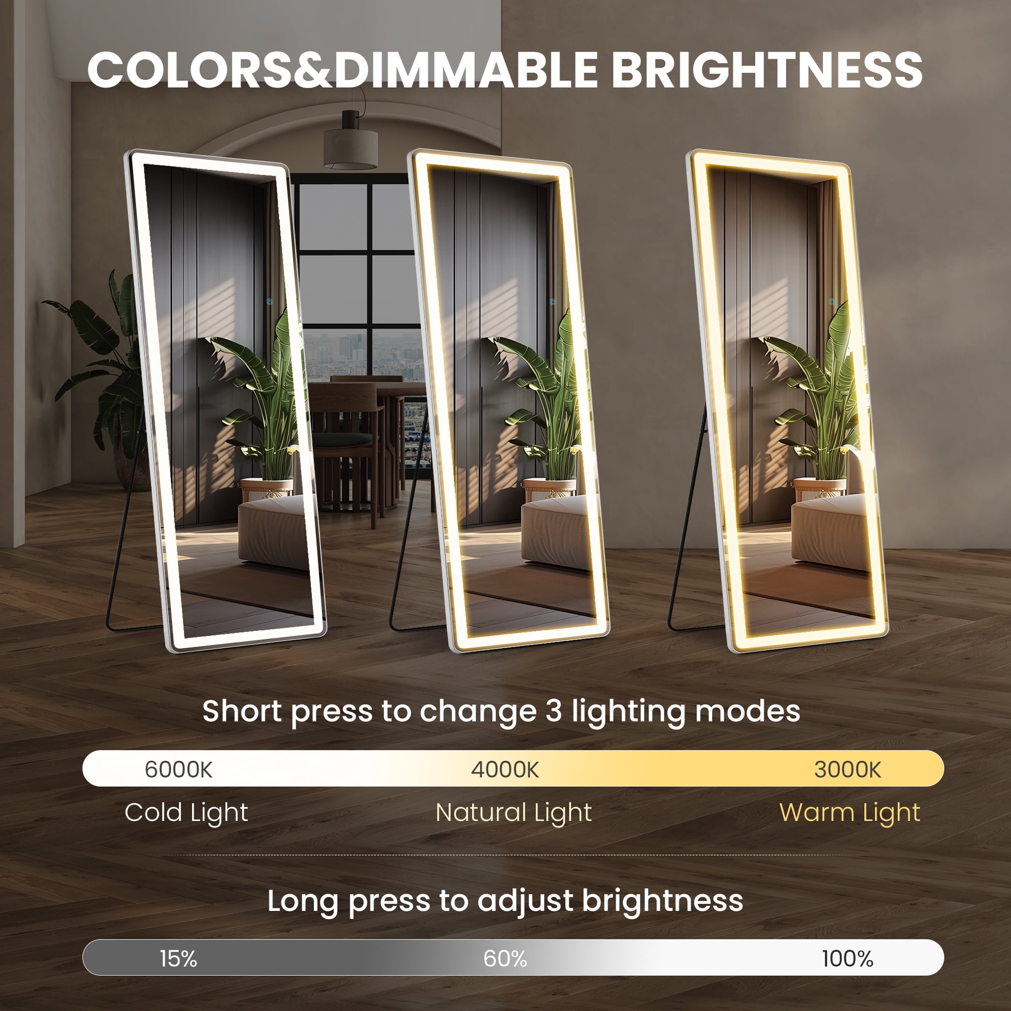 MAYEERTY 71" × 26" LED Full Length Mirror, 3 Color Lighting Floor Standing Mirror with Bracket