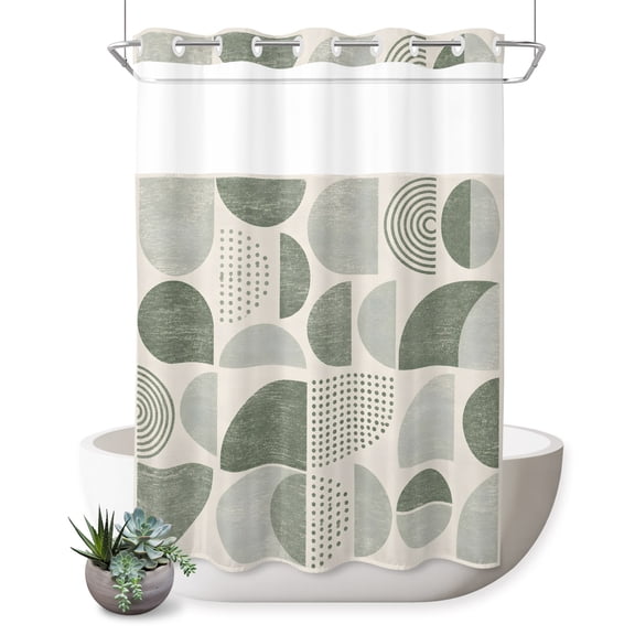 No Hook Shower Curtain, Sage Green Ombre Geometric Shower Curtains for Bathroom with See Through Top Window, Middle Century Vintage Abstract Art Waterproof & Washable Bath Curtain Extra Long 72"x96"