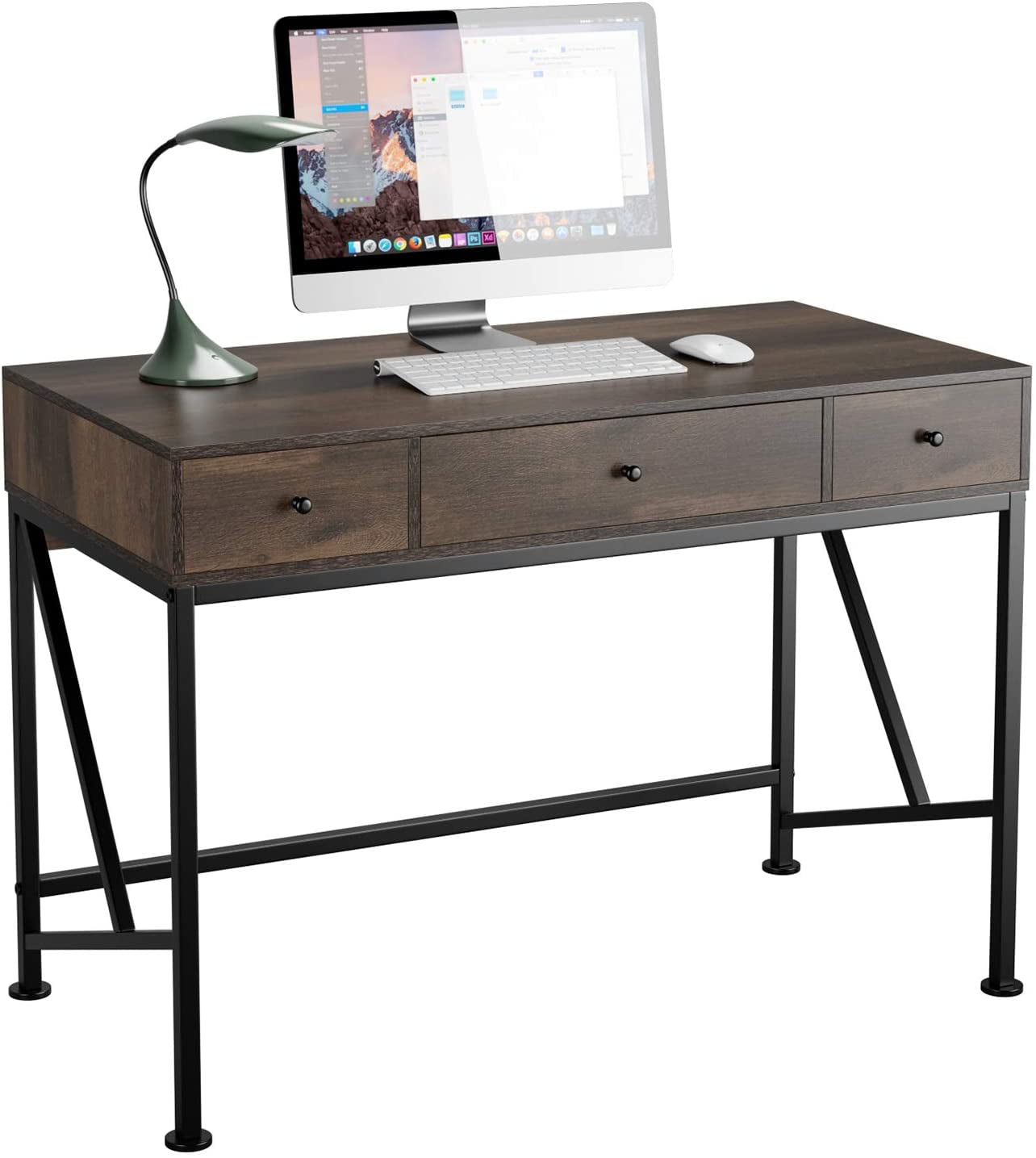 MISSHE Home Office Computer Desk Rustic Brown 42 Writing Desk with 1 Storage Shelve Modern Simple Study Wooden Metal Frame Desk with Adjustable Leg Pads 