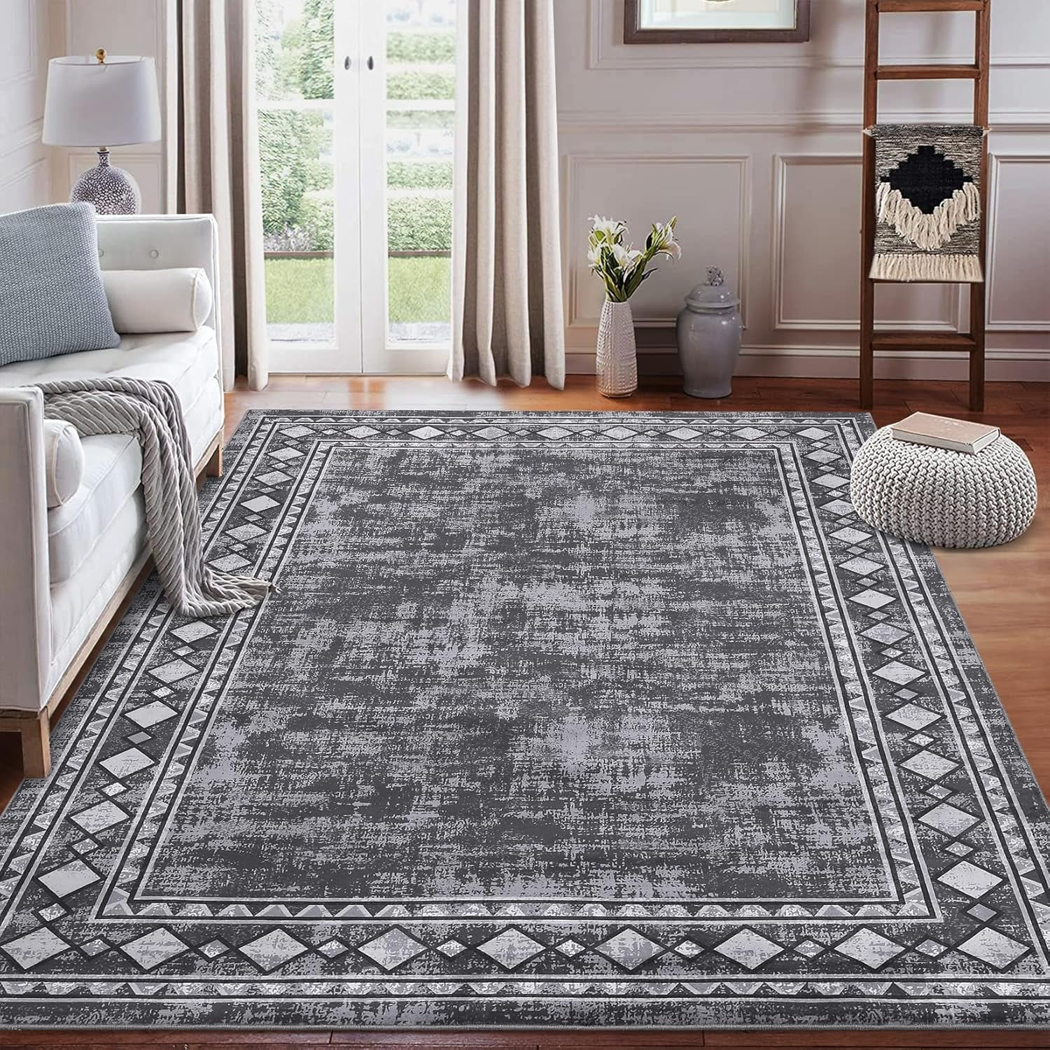 Shininglove Modern Bordered Area Rugs 5x7ft for Living Room, Machine Washable Low Pile Carpet with TPR Non-Slip Backing for Home Office(Grey)