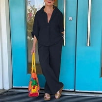 Women's Trousers Suit Women 2 Piece Cotton Linen Outfits Casual Loose 3/4 Sleeve Tops High Waist Wide Leg Pants Suit With Pockets,Blue Women's Trousers Suit L