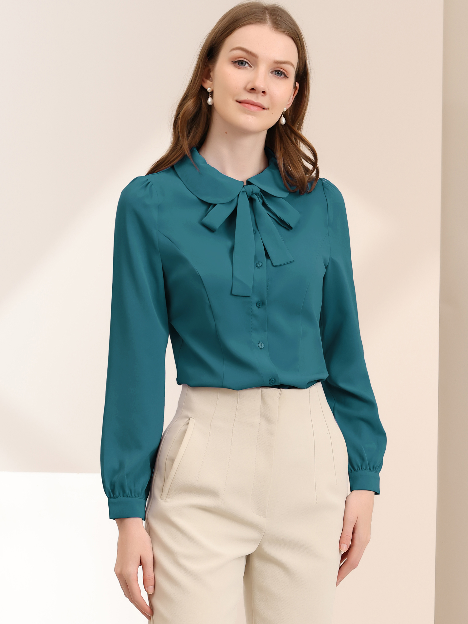 DARING DIVA Pan Collar Bow Tie Neck Work Office Shirt M Peacock Blue