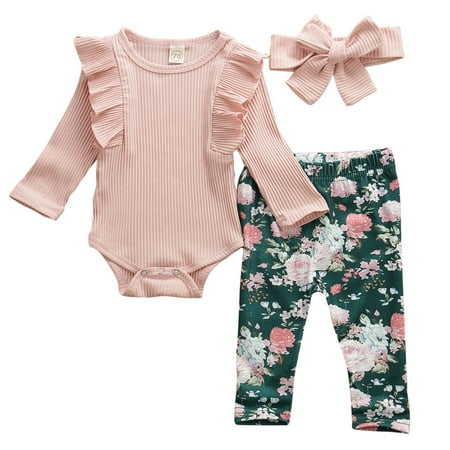 

Musuos Baby Girls Clothes Set 6 12 18 24M Long Sleeve Ribbed Ruffle Romper + Floral Trousers + Bowknot Headband 3Pcs Outfits