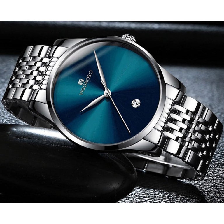 Blue Thin Fashion Quartz Analog Wristwatch VIGOROSO Mens Watches Quartz AUTO Day Analog Watch Ultra  main image 2