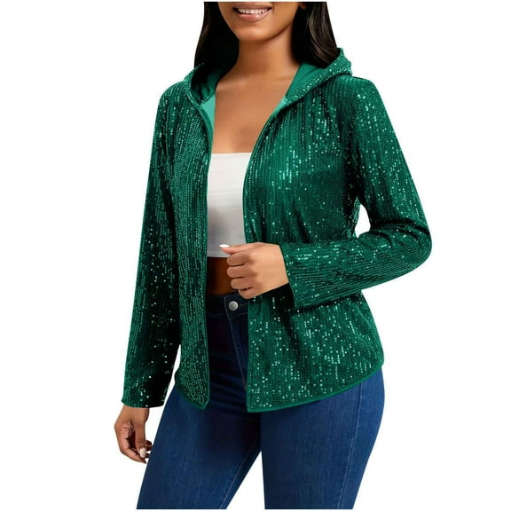 OGLCCG Women's Long Sleeve Sequin Jackets Open Front Sequin Cardigan with Hood Trendy Sparkle Shiny Glitter Party Outwear,M,Green