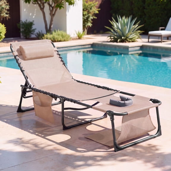 Vineego Folding Chaise Lounge Chair with Face Hole for Tanning, 5-Position Adjustable Textilene Outdoor Sunbathing Chair, Face Down Patio Pool Lounge Chair with Side Pocket & Pillow, Beige