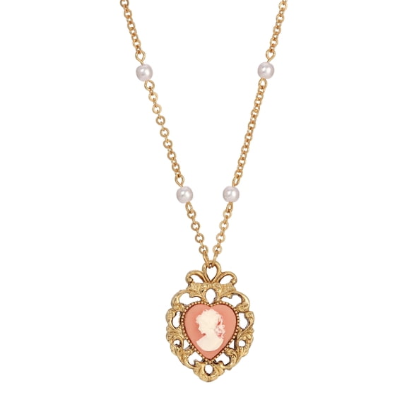 1928 Jewelry Pink Cameo Heart Pendant Faux Pearl Necklace For Women 24"L
