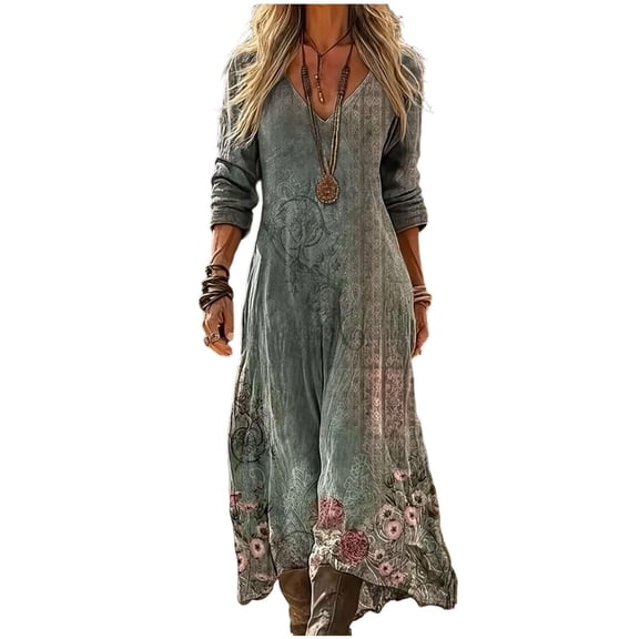 DHFJKG Bohemian Maxi Dresses For Women Long Sleeve Beach Dress Flowy Soft Casual Floral V Neck Swing A-Line Dress Vacation Outfits Versatile Dresses