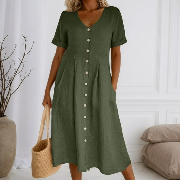 Womens Fashion Button Up Shirt Dress Dress Summer Long Dresses with Pockets Knee Length Dresses