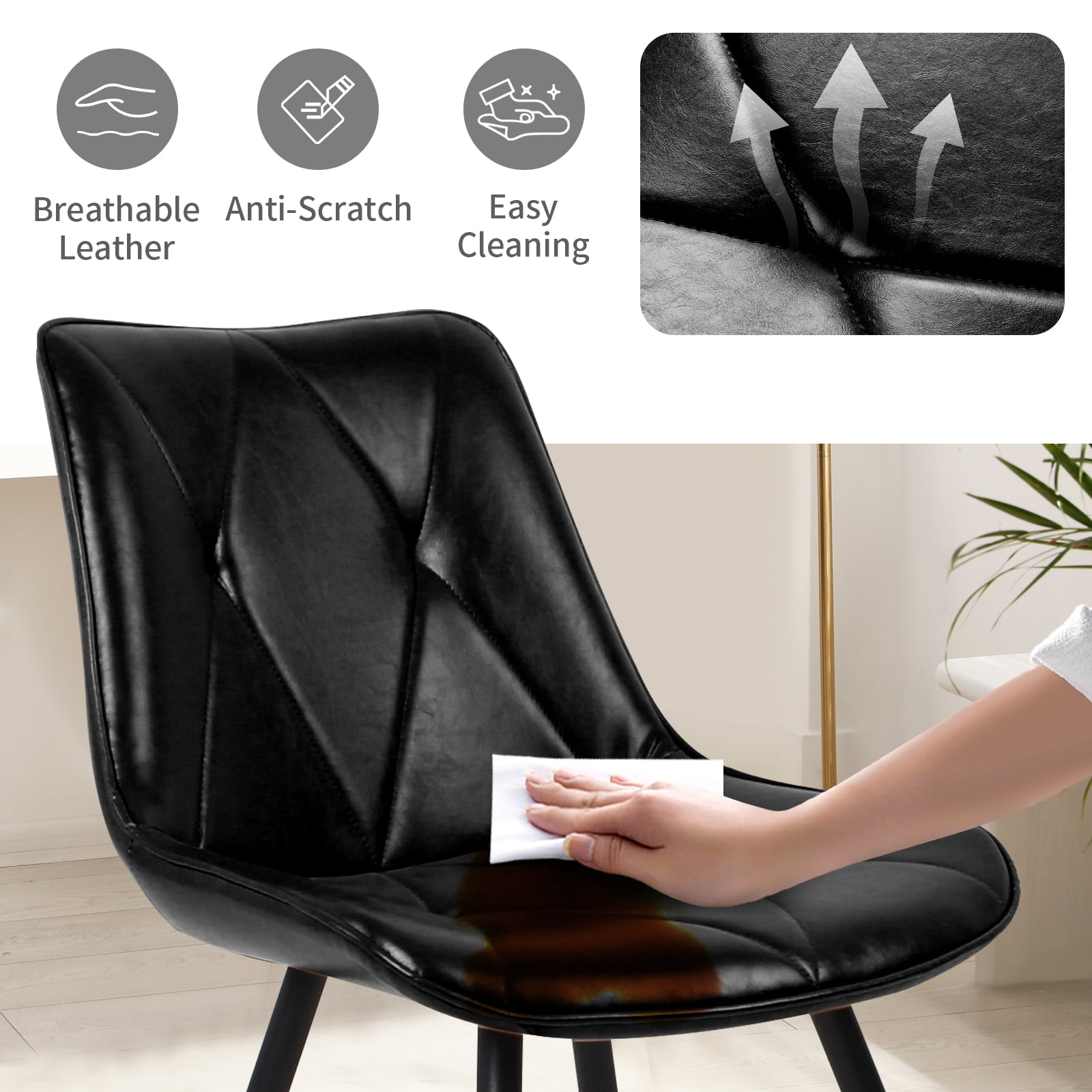Set of 2 Black Faux Leather Dining Chairs, Ergonomic Backrest with Thick Foam Cushion, Metal Legs & FSC Frame, Waterproof Easy-Clean PU Leather, Hold Up to 300 lbs
