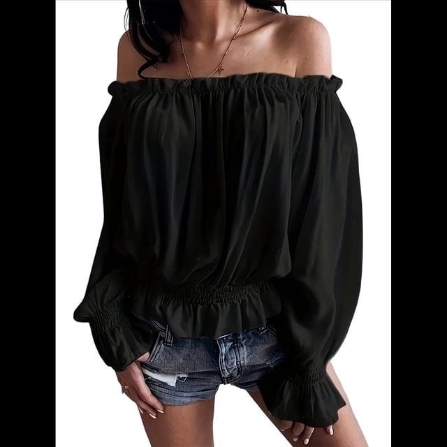 Blusas Elegantes con Hombros Descubiertos para Mujer, de Larga, con Volantes y Cintura Fruncida, Informales, para Fiesta, Grandes. Negro 5XL