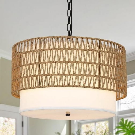 ACE-LIGHTS,5-Light Rattan Boho Chandelier Light Fixture with Fabric Shade,Farmhouse Chandeliers,Hand Woven Large Rattan Ceiling Light for Dining Room,Bedroom,Kitchen Island,Hallway(Brown)