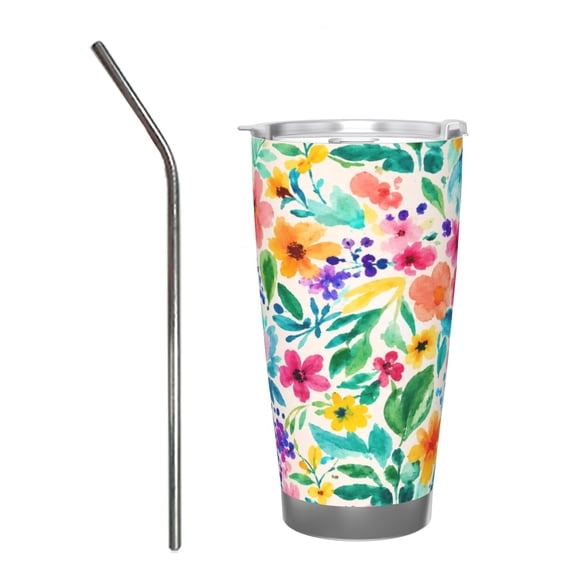 20oz Watercolor Floral Tumbler Insulated Car Cup Travel Coffee Cup Spring Gift for Women with Stainless Steel Straw