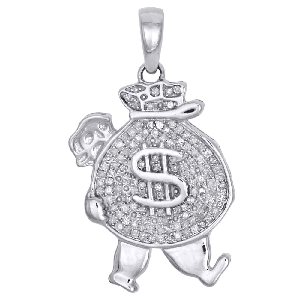 10K White Gold Real Diamond Walking Money Bag Pendant 1.15" Pave Charm