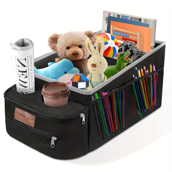 1pc Passenger Seat Organizer, Collapsible Car Storage Box with Partitions & 2 Cup Holders for Front Or Back Seat