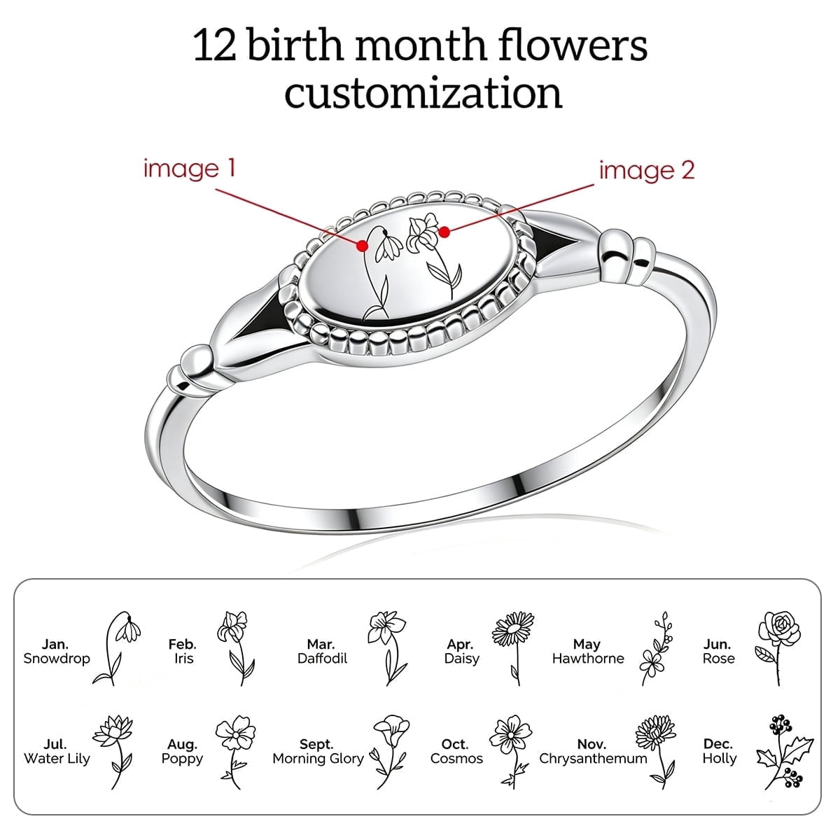 PhaedraOona Custom 12 Birth Month Flower Ring - Personalized 12 BirthFlowers & Birthstones Family Heirloom Flower Rings Silver/319L Stainless Steel Mother's Day Jewelry Gifts for Mom