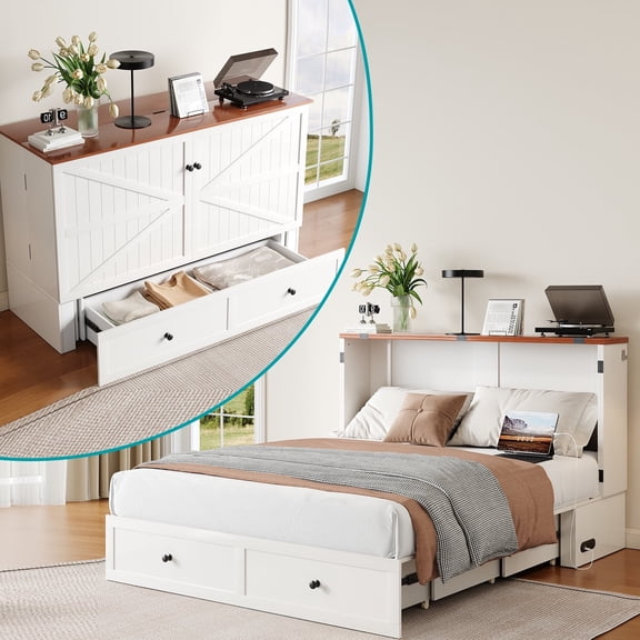 BALUS Queen Size Murphy Bed Queen with Storage and Mattress, Folding Bed with Mattress Included Charging Port,White