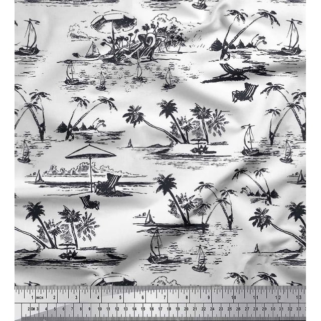 Soimoi Rayon Fabric Chair,Palm Tree & Yacht Beach Print Fabric by Yard 56 Inch Wide