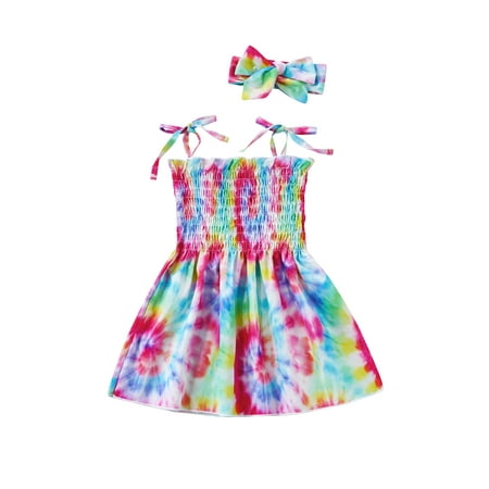 

Yinyinxull Little Girls Sweet Style Outfit Summer Tie-dye Flower Printing Sleeveless Slip Princess Dress+Headwear Rose Red Tie-dye 0-6 Months