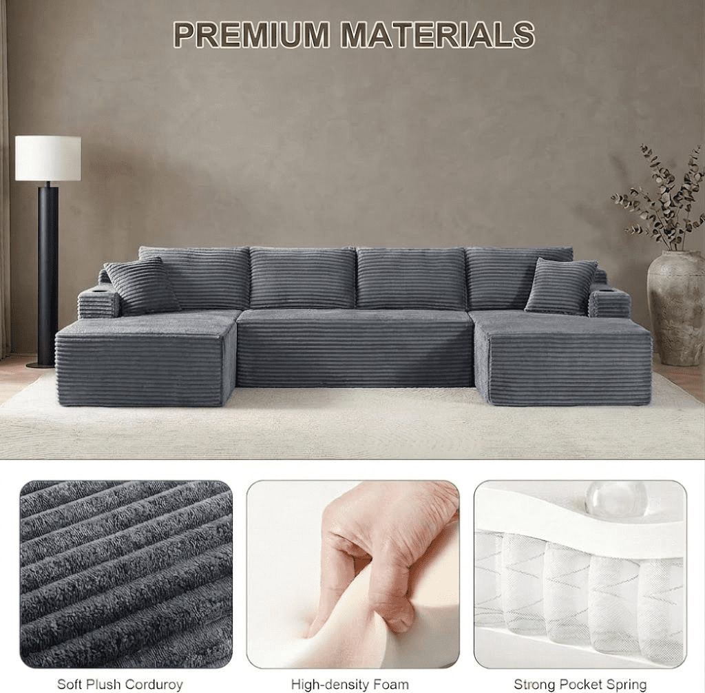 Howcool 133" U-Shaped Modular Cloud Couch Sectional Sofa, Oversized Deep Seat Corduroy Couch with Chaise, Boneless Memory Foam Sofa with Cup Holders & Side Pockets, No Assembly Required, Grey
