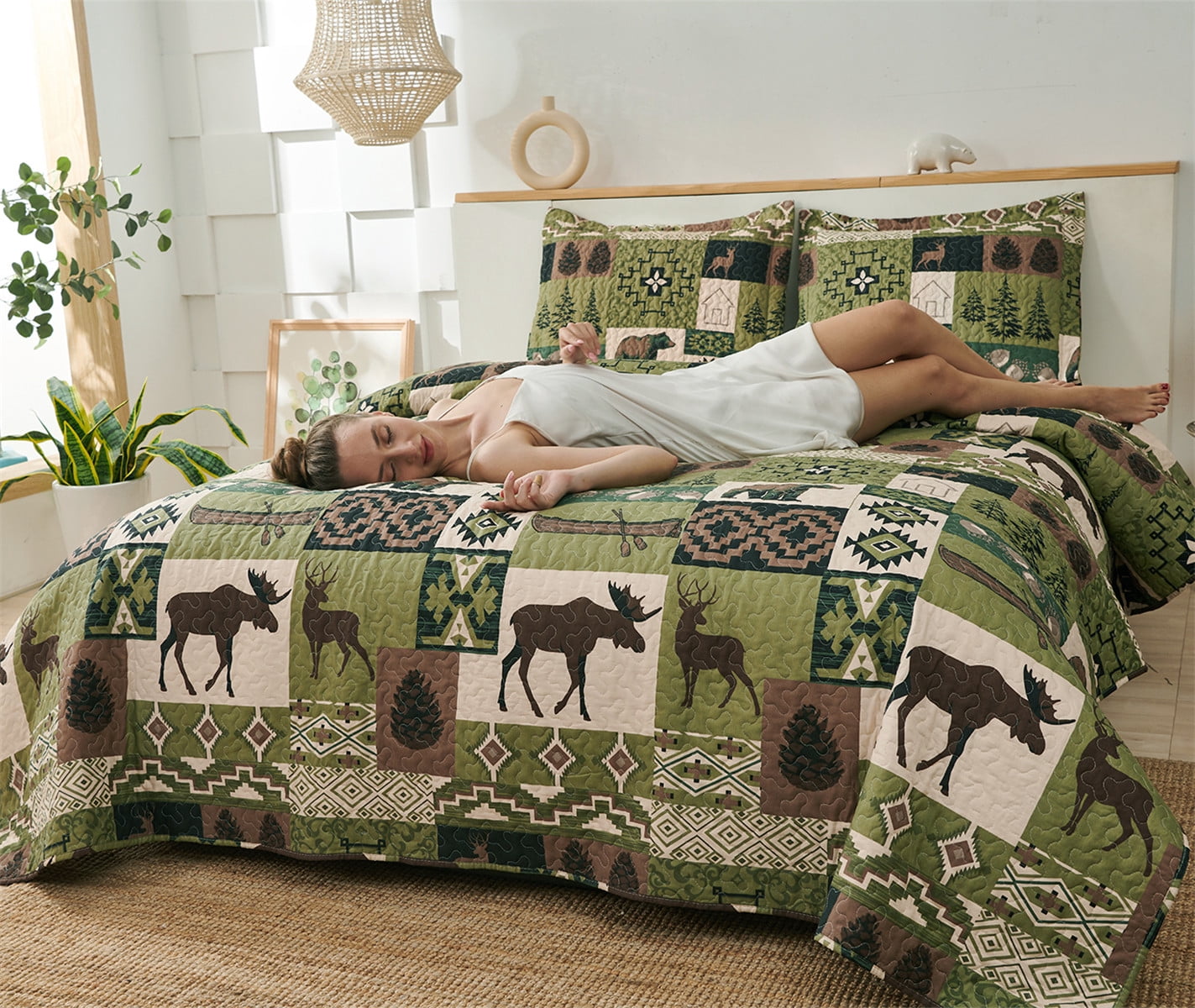 Beartech Quilt Set Queen Size Rustic Bedding Green Plaid Quilt Forest Moose Bear Bedding Lodge Cabin Bedspread Coverlet Lightweight Reversible Microfiber Quilt