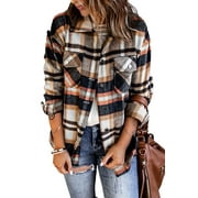Cali Chic Women's Plaid Shacket Button Down Jacket Celebrity Blue Geometric Coat Top (multicolor, medium)