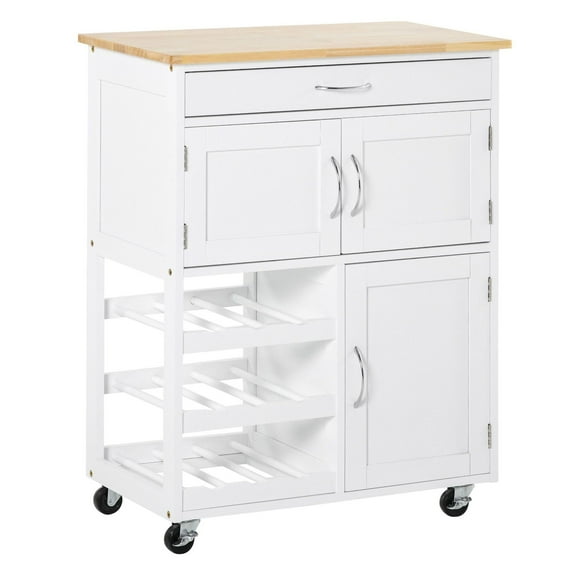 Kitchen Cart with Wine Rack, Rolling Island with Storage - White Wood Countertop, Drawer & Cabinets