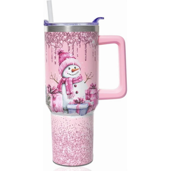 40 oz Christmas Tumbler with Handle and Straw, Stainless Steel Insulated Snowman Tumbler 40 oz, Reusable Pink Snowman Cup with Leak Proof Lid, Christmas Gifts for Women