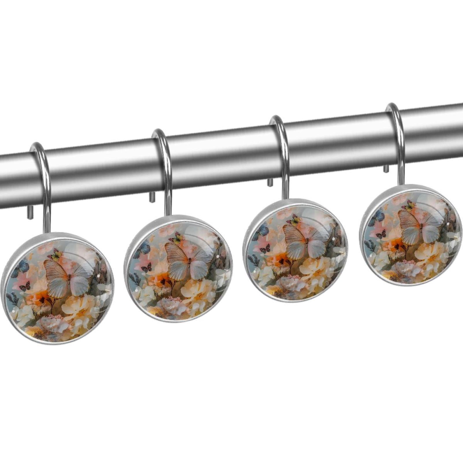 White Butterfly with Flowers Shower Curtain Hooks Round Crystal Glass, Set of 12 Shower Curtain Rings - Shower Hooks for Curtain Shower Rings