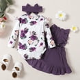 thumbnail image 3 of Kucnuzk Newborn Baby Girls Winter Clothes Sets 9-12 Months Skirt Set Outfits Ruffle Long Sleeves Romper Floral Top Suspender Skirts with Headband 3pcs Clothing Purple, 3 of 9