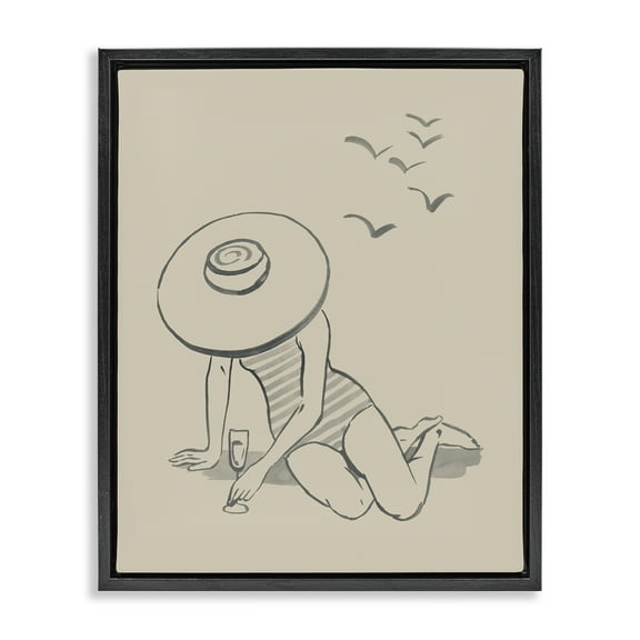 Stupell Industries Girl on Beach Sketch Novelty Drawing Black Floater Framed Canvas Art Print Wall Art, 17 x 21