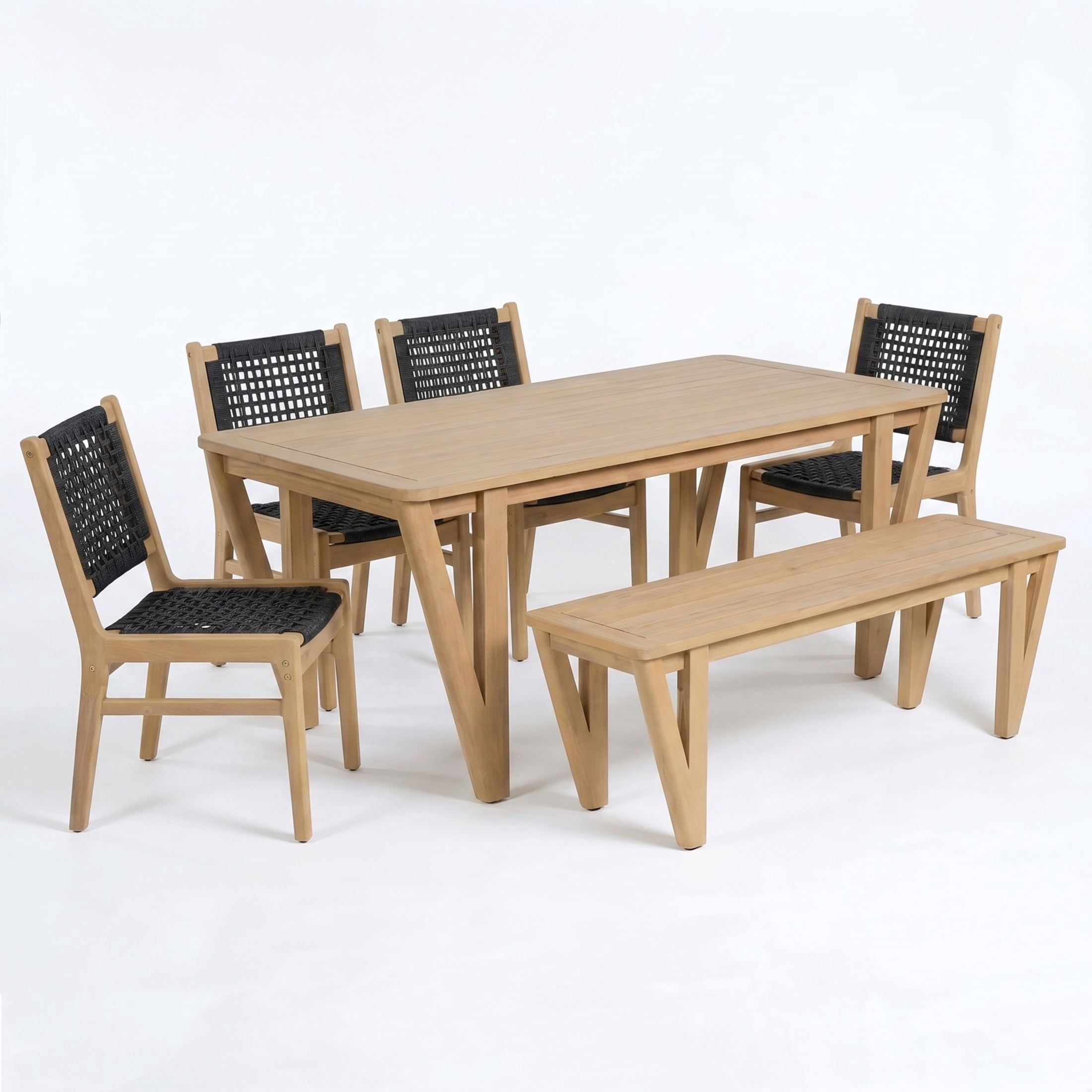 Christopher Knight Home 6-Piece Wood Patio Dining Table with Bench and Wicker Chairs Set, Black