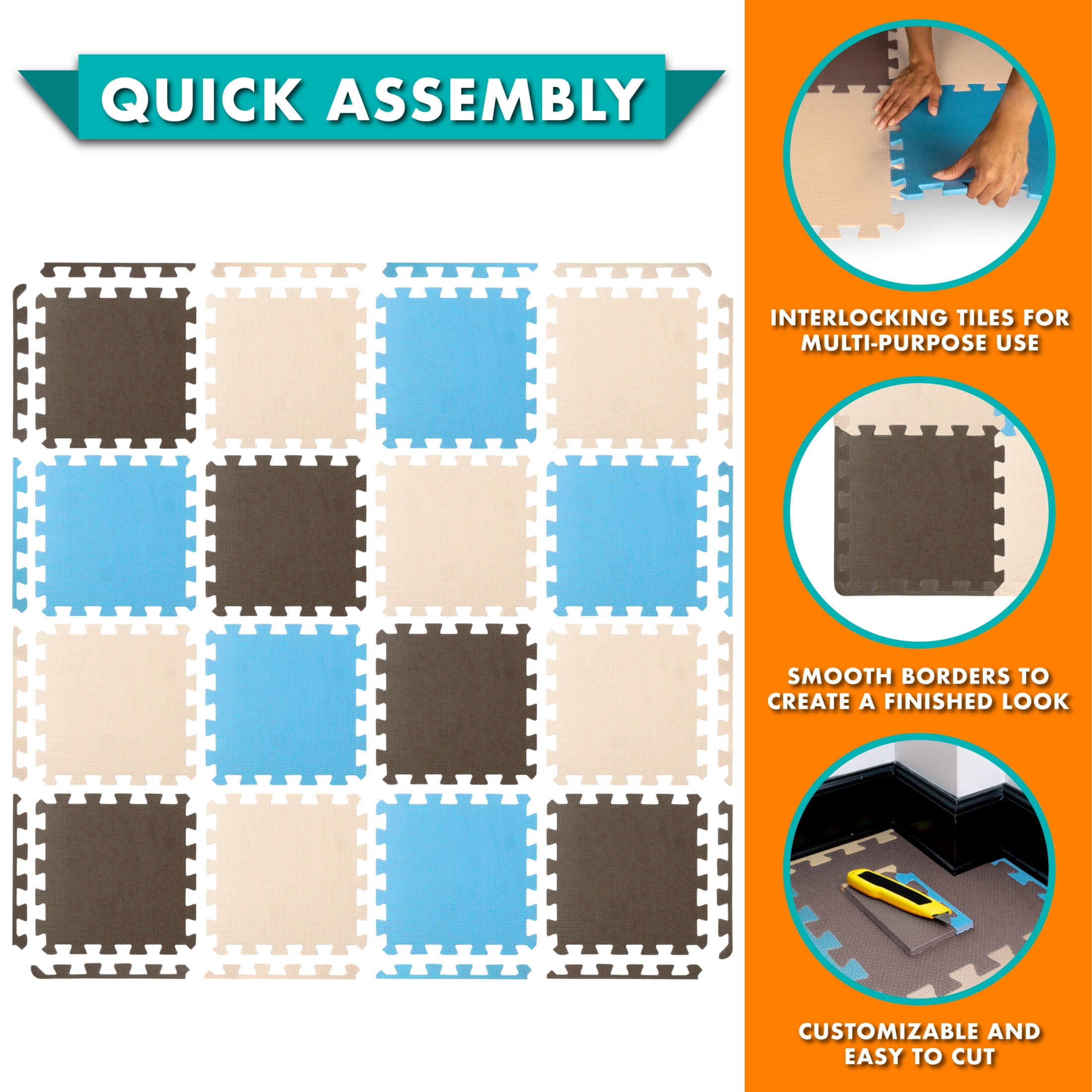 ProSource Kids Solid Colors Foam Puzzle Floor Play Mat, 36 or 16 tiles