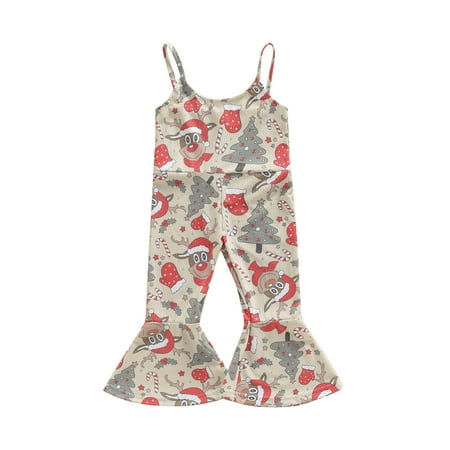 

Bagilaanoe Toddler Baby Girl Christmas Jumpsuit Sleeveless Elk Tree Print Romper Overalls 12M 18M 24M 3T 4T 5T Kids Long Flared Pants Casual Outfits