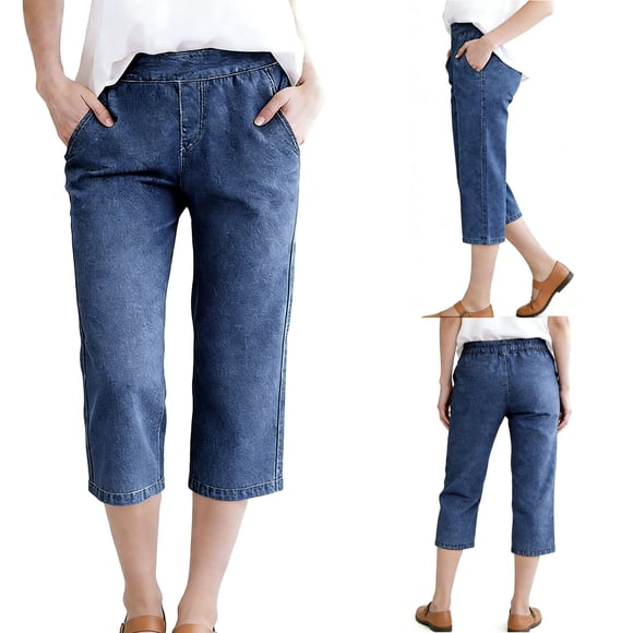 Jeans for Women Capris Elastic High Waist Straight Leg Loose Stretch Denim Pants Cropped Casual Trousers Fashion