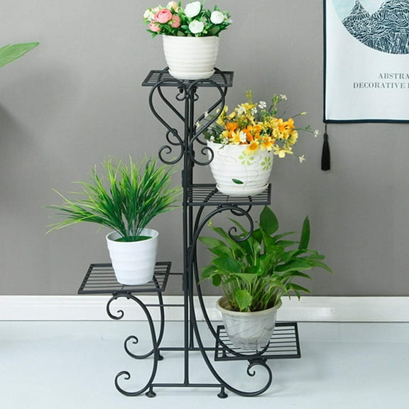 ANQIDI 4 Tier Square Tray Plant Stand Metal Flower Pot Display Holder Balcony Floor-standing Multilayer Shelf Rack Black